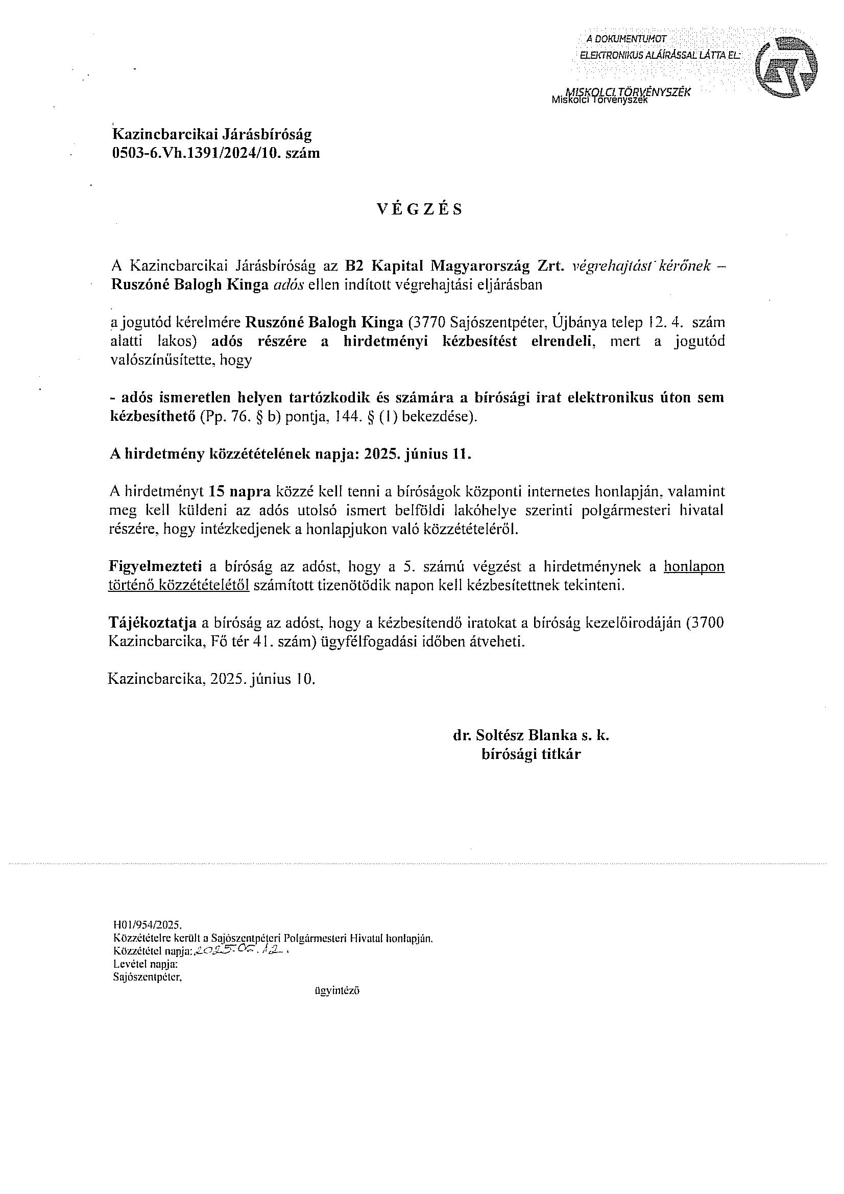 0503-6.Vh.1391/2024/10. Végzés