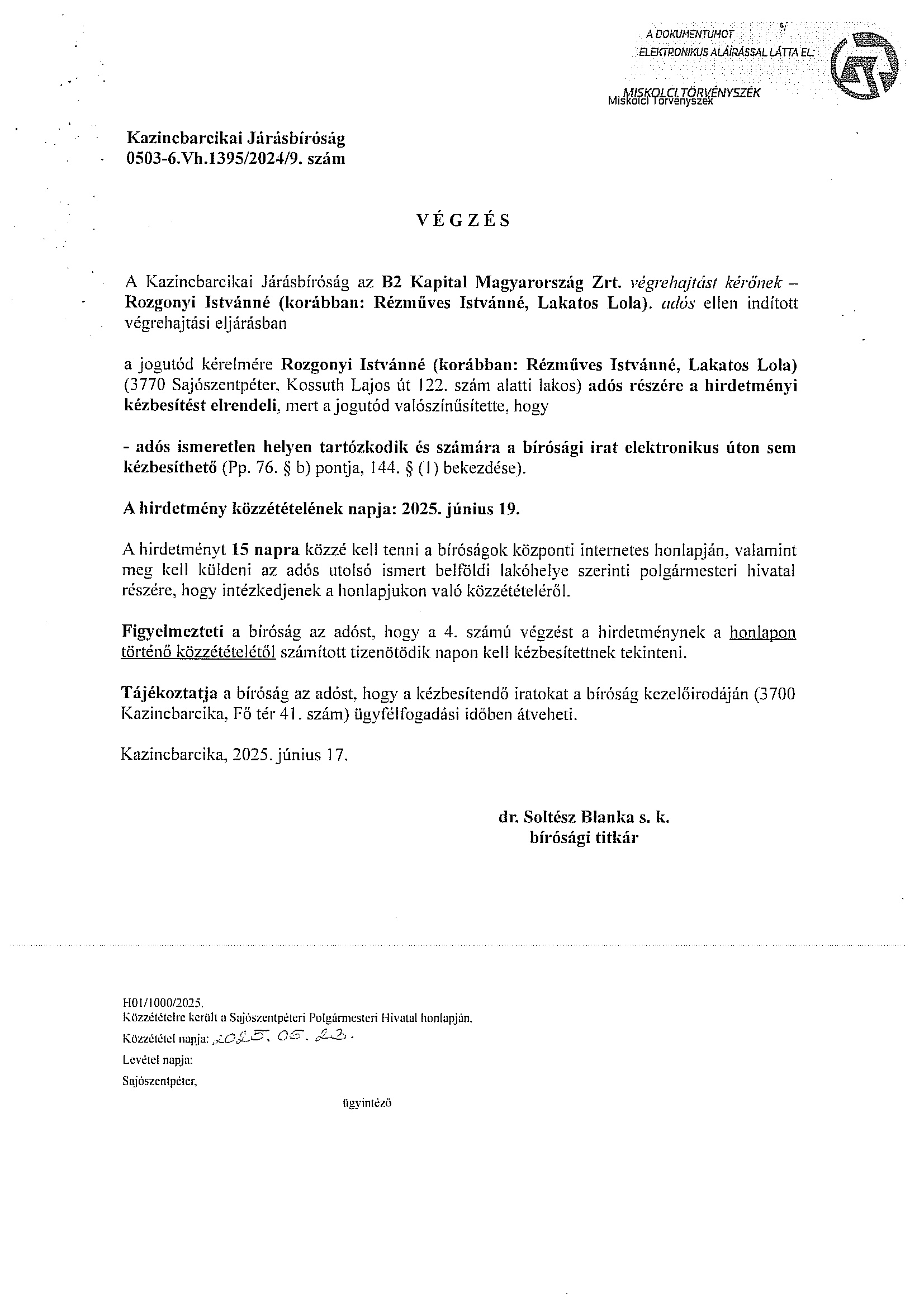 Hirdetmény: 0503-6.Vh.1395/2024/9. számú végzés