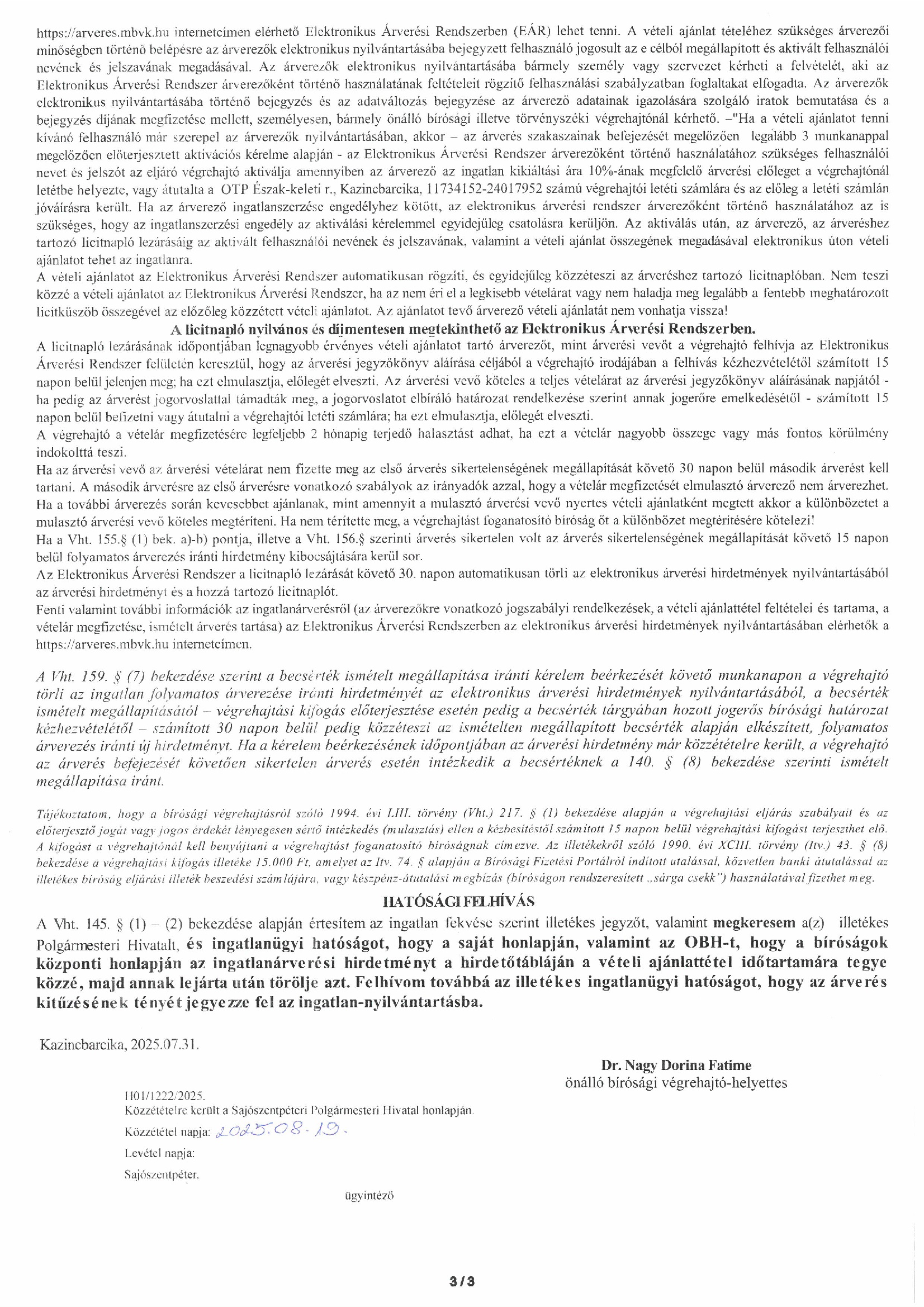 Ingatlanárverési hirdetmény3
