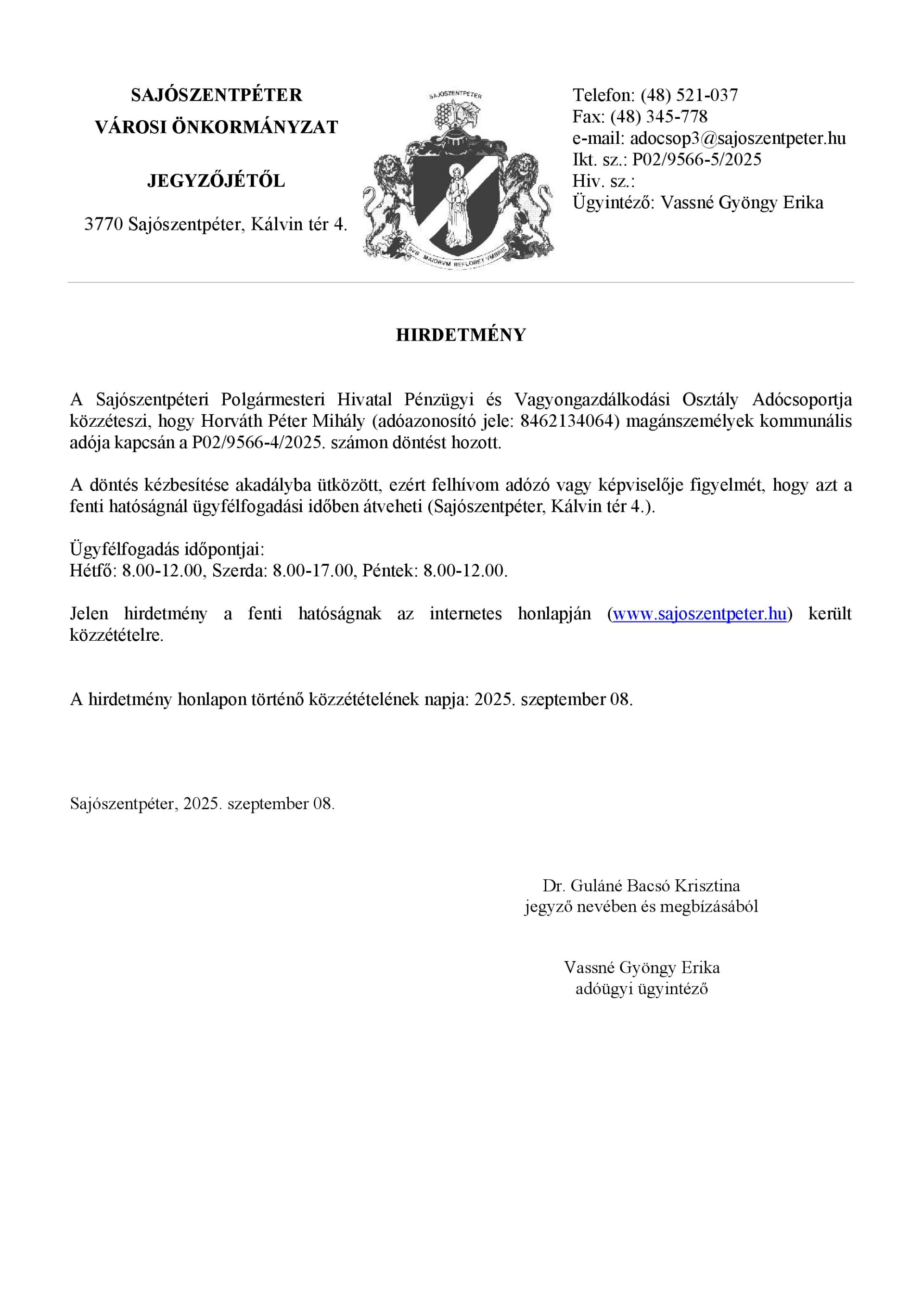 Hirdetmény Horváth Péter Mihály