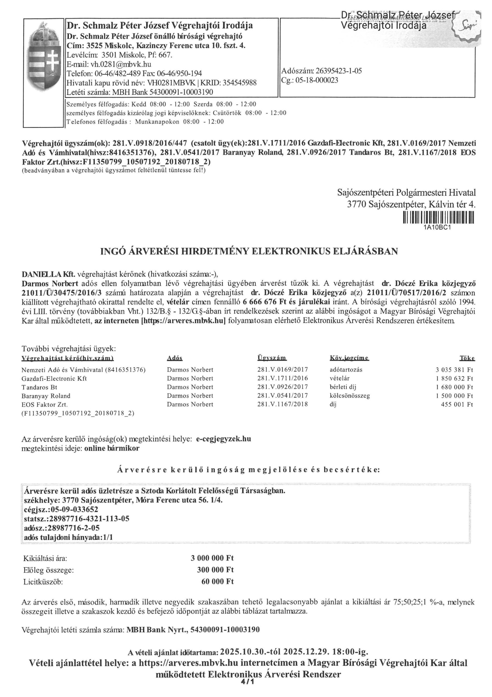 Ingó árverési hirdetmény elektronikus eljárásban 2