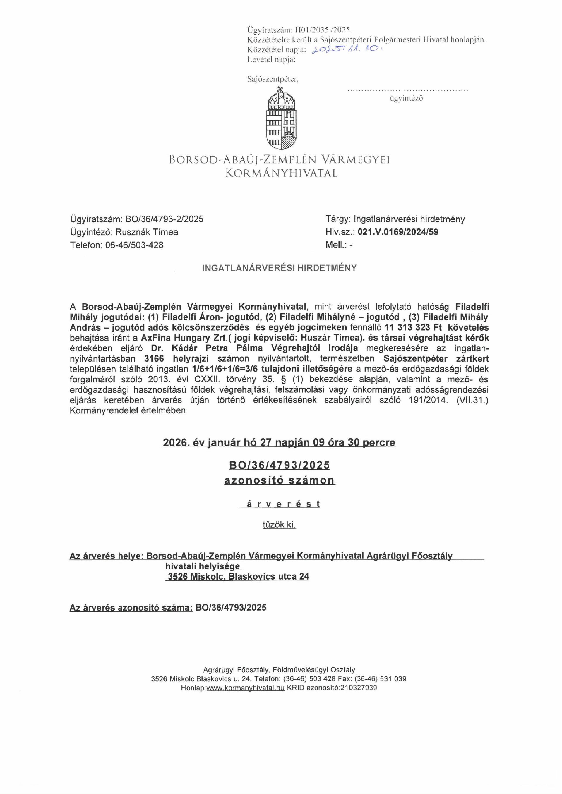 Ingatlanárverési hirdetmény BO/36/4793/2025 Részletekért a pdf megnyitásához kattintson a képre!